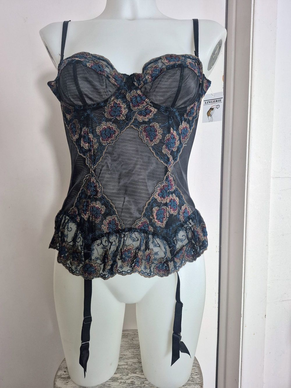 Vintage Grenier Sheer Black Lace Bustier with Floral Embroidery 34B